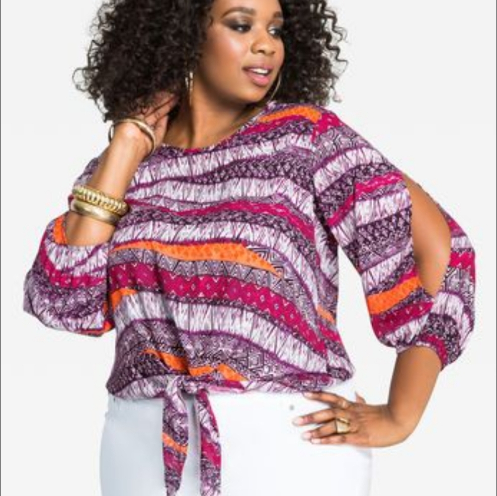 Ashley Stewart Purple Pink Patterned Blouse Open Sleeves Women's Plus Size 2X